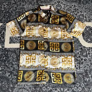 Mens Black Gold versa style Dress Shirt Luxury Baroque Print Casual S/S Size M